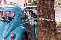 автомобиль прикован цепью к дереву